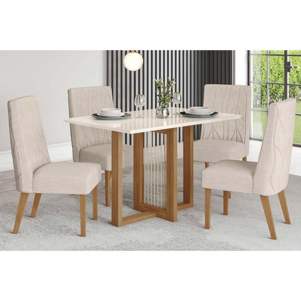 Conjunto: Mesa Sala Jantar Natalí c/ Tampo Madeirado c/ Vidro Reto 120x80cm e 4 Cadeiras Eloa Nature/Suede Light Linho - Henn