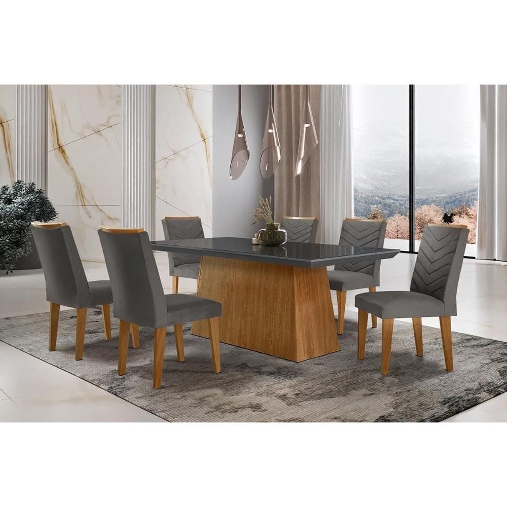 Conjunto: Mesa Sala Jantar Luna c/ Tampo de Vidro Canto Curvo 180x90cm e 6 cadeiras Londrina Imbuia/Grafite - Suede Grafite - Rufato