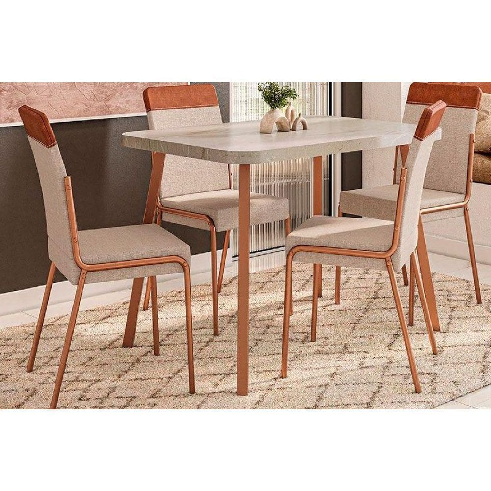 Sala de Jantar Completa Stellar 1598 Aço c/ Tampo Madeirado 120x80cm e 4 Cadeiras Duo Rose/Petra - Rose/Areia - Caramelo - Carraro