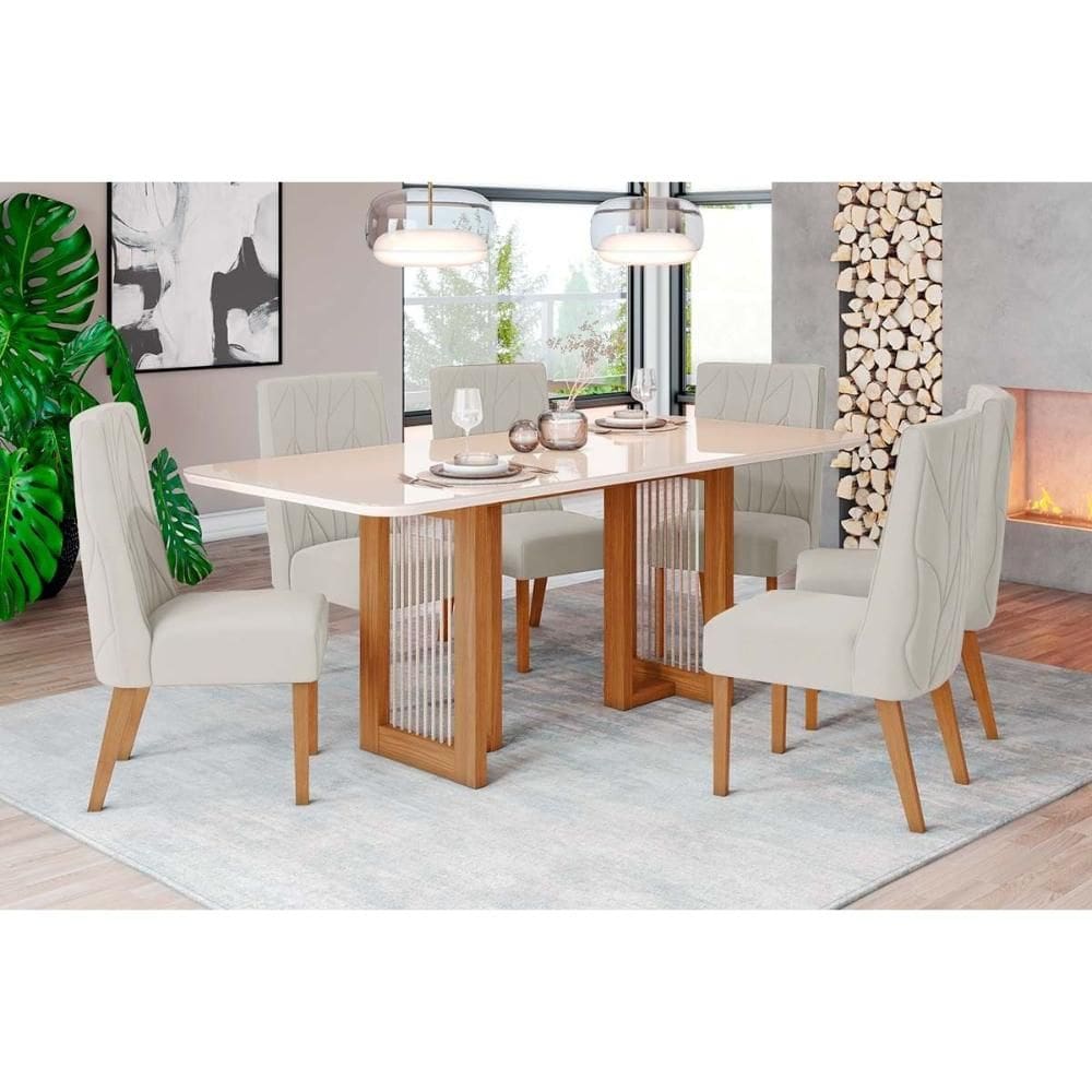 Conjunto: Mesa Sala Jantar Yara c/ Tampo Madeirado c/ Vidro Curvo 160x90cm e 6 Cadeiras Eloa Nature/Suede Light Linho - Henn