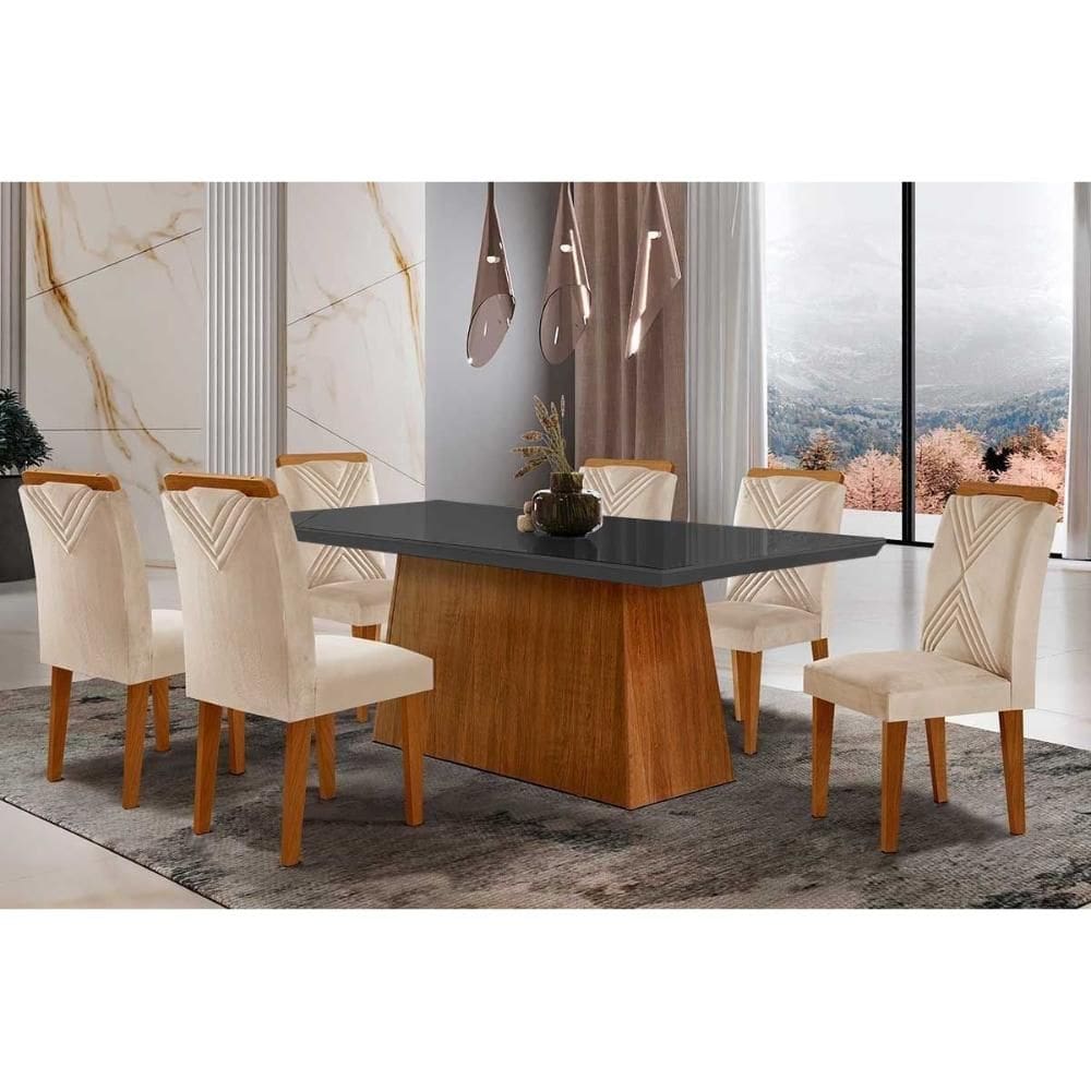 Conjunto: Mesa Sala Jantar Luna Tampo Madeirado c/ Vidro Reto 180x90 e 6 Cadeiras Amsterdã Imbuia/Suede Creme - Rufato