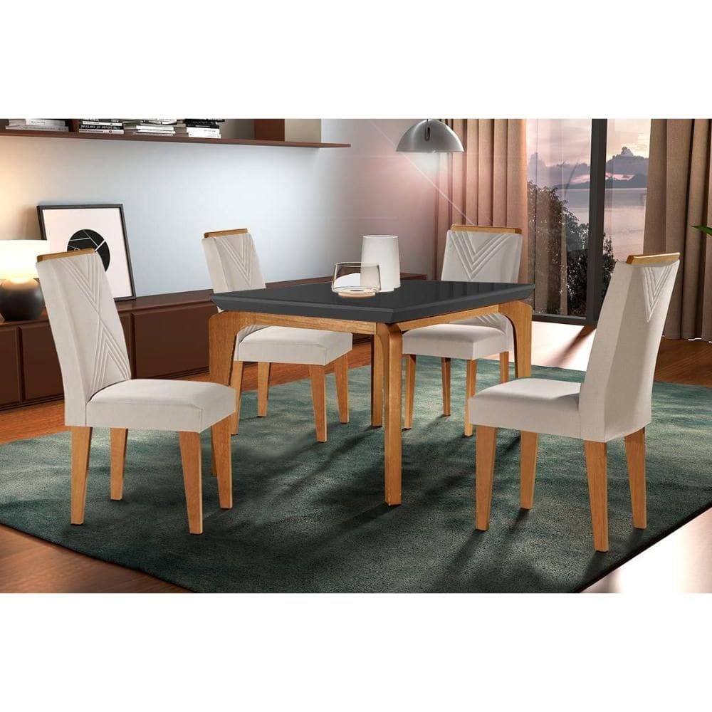 Conjunto: Mesa Sala Jantar Londrina c/ Tampo Madeirado c/ Vidro Canto Reto 120x80cm e 4 cadeiras Amsterdã Imbuia/Grafite - Suede Creme - Rufato