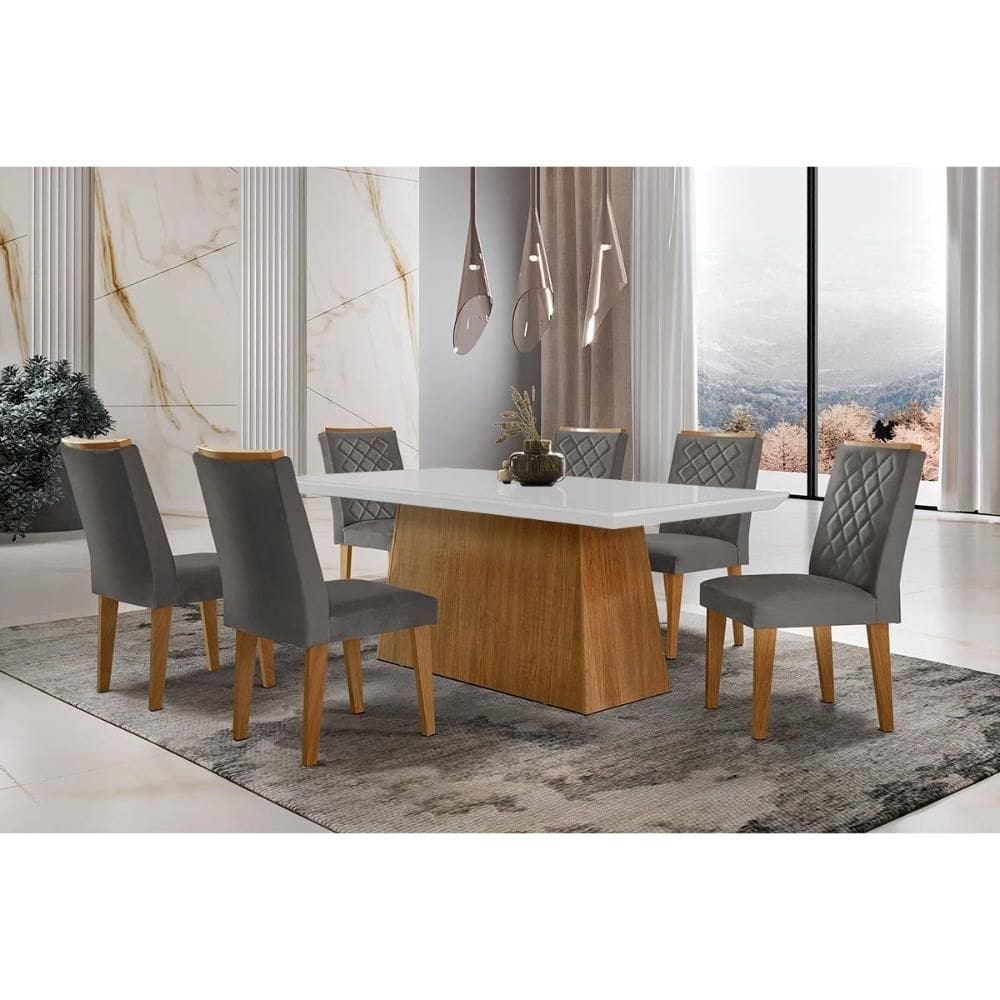 Conjunto: Mesa Sala Jantar Luna c/ Tampo de Vidro Canto Curvo 180x90cm e 6 cadeiras Jade Imbuia/Off White - Suede Grafite - Rufato