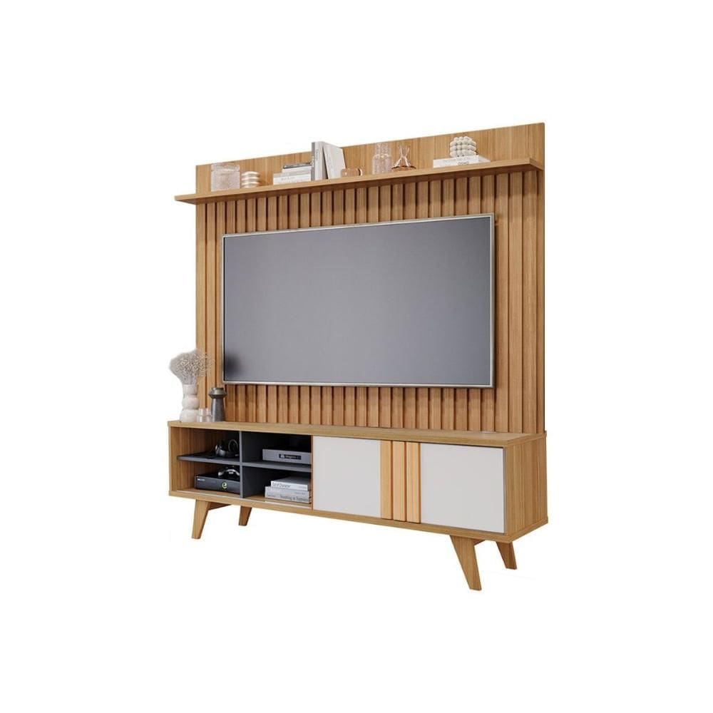 Rack Bancada c/ Painel p/ TV até 70 Pol Paraty/Trend Ripado 100% MDF 1 Porta 180x127cm Nature/Off White - Permóbili