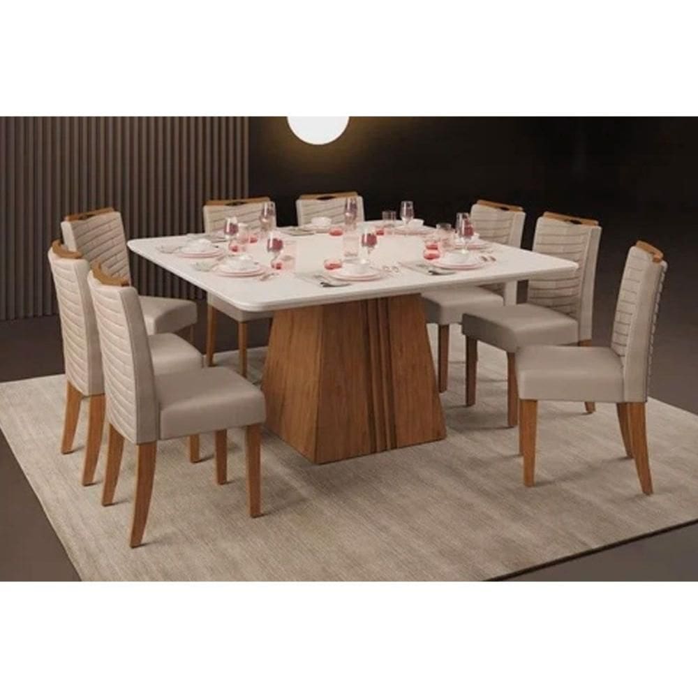 Cozinha Completa Itália Tampo Madeirado c/ Vidro Curvo 136x136cm e 8 Cadeiras Julia Freijo/Off White - Suede Kraft - DJ Móveis