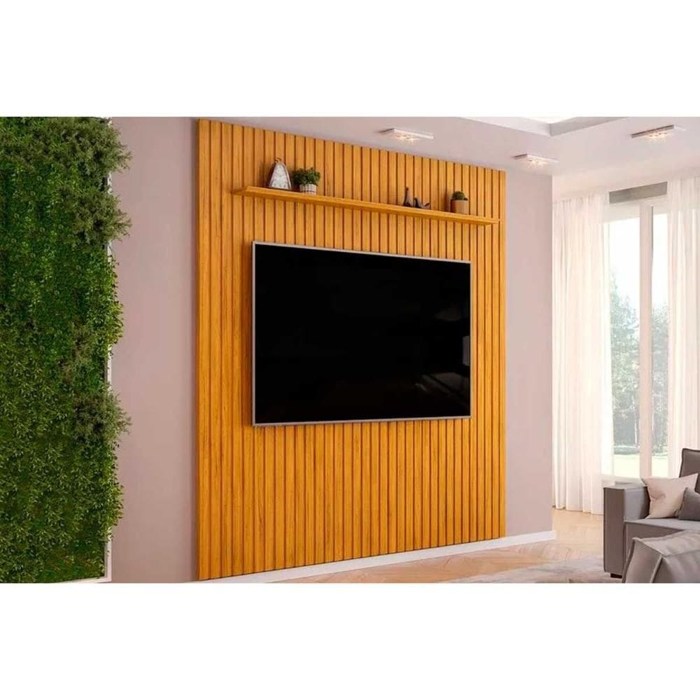 Rack Bancada c/ Painel p/ TV até 85 Pol Pratic Ripado 1 Prateleira 250x240cm Cedro - DJ Móveis