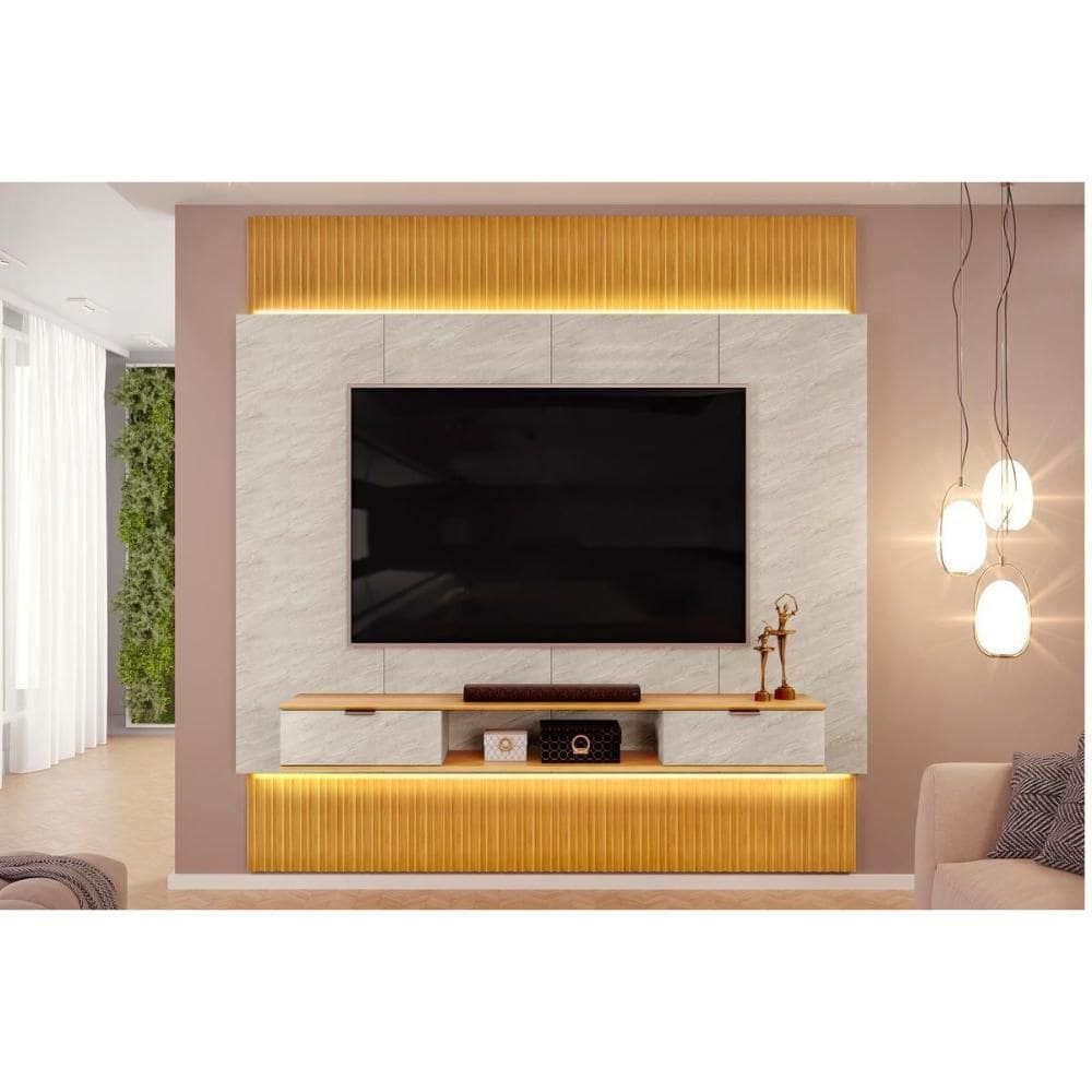Rack Bancada c/ Painel p/ TV até 85 Polegadas Hit 2290 100% MDF Extensível Led de 240 a 290cm Cedro/Quartzo - DJ Móveis