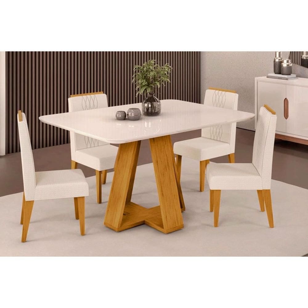 Cozinha Completa Celeste Tampo Madeirado c/ Vidro Curvo 120x90cm e 4 Cadeiras Lia Cedro/Off White - Linho Neve - DJ Móveis