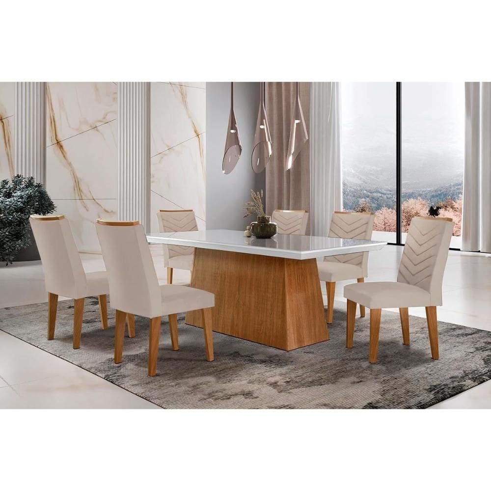 Conjunto: Mesa Sala Jantar Luna c/ Tampo de Vidro Canto Curvo 180x90cm e 6 cadeiras Londrina Imbuia/Off White - Suede Creme - Rufato