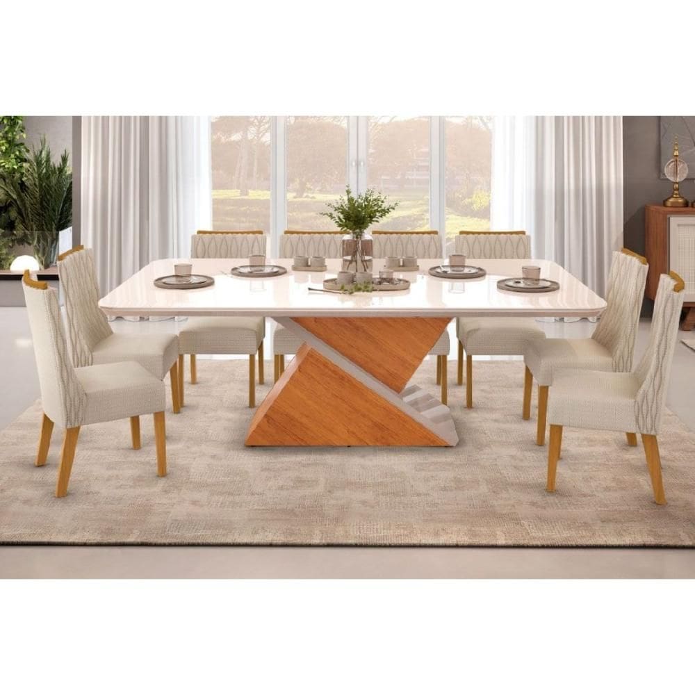 Conjunto: Mesa Sala Jantar Zafira Tampo Madeirado c/ Vidro Curvo 200x100cm e 8 Cadeiras Jade Cedro/Off White - Linho Neve - DJ Móveis