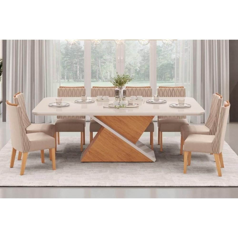 Conjunto: Mesa Sala Jantar Zafira Tampo Madeirado c/ Vidro Curvo 200x100cm e 8 Cadeiras Jade Off White - Freijo/Suede Kraft - DJ Móveis