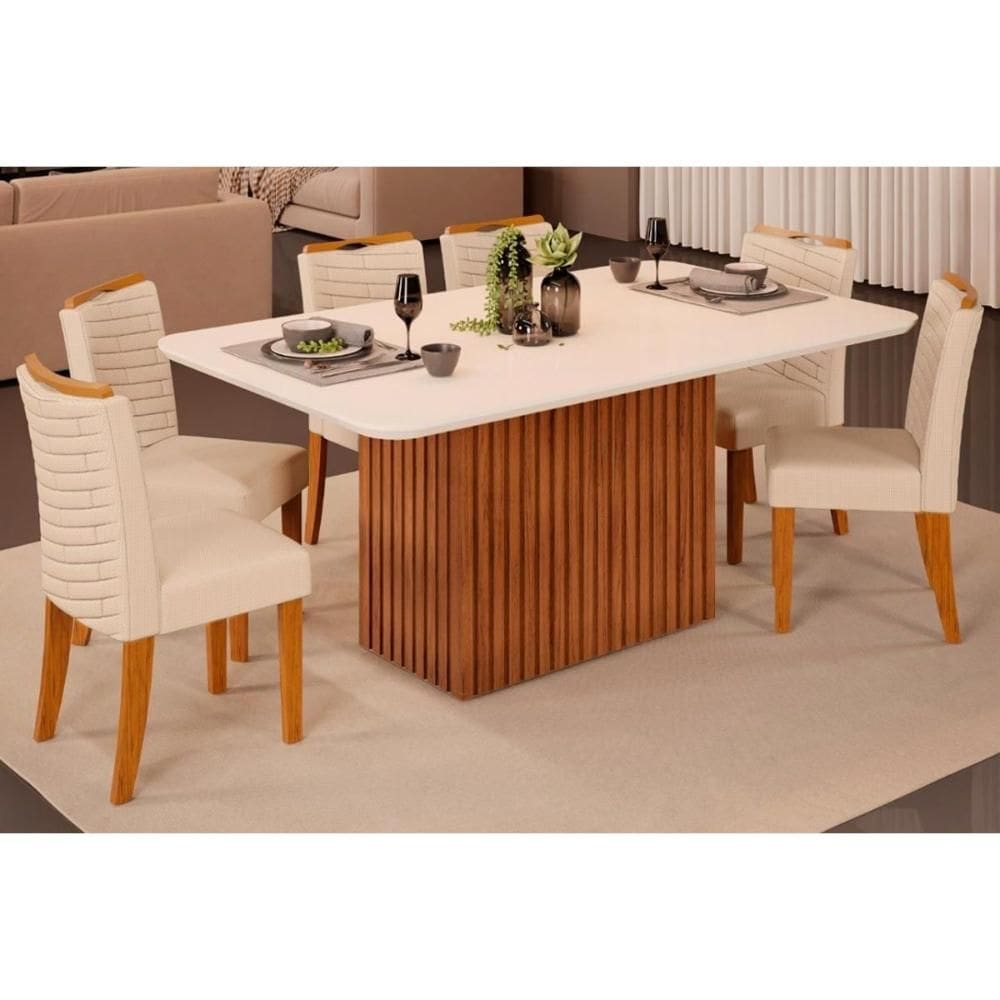 Cozinha Completa Canes Tampo Madeirado c/ Vidro Curvo 170x90cm e 6 Cadeiras Julia Freijo/Off White - Linho Neve - DJ Móveis