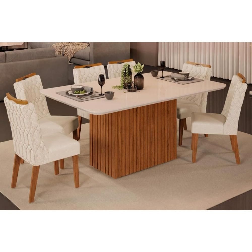 Cozinha Completa Canes Tampo Madeirado c/ Vidro Curvo 170x90cm e 6 Cadeiras Bia Freijo/Off White - Linho Neve - DJ Móveis