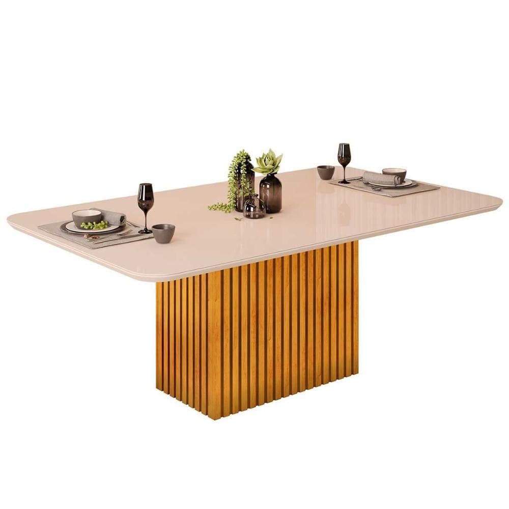 Mesa p/ Cozinha Canes c/ Tampo Madeirado c/ Vidro Curvo 200x100cm Cedro/Off White - DJ Móveis