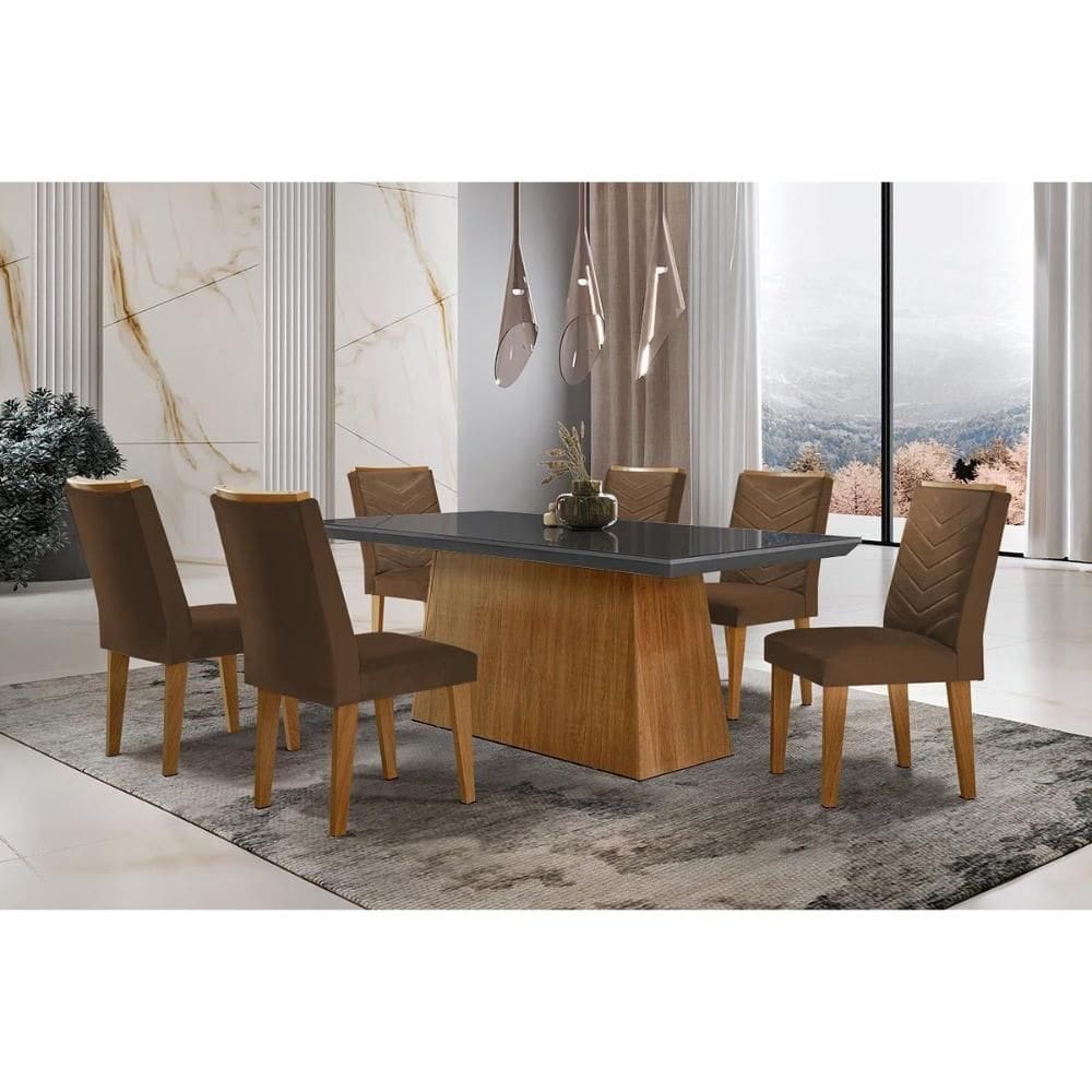 Conjunto: Mesa Sala Jantar Luna c/ Tampo de Vidro Canto Curvo 180x90cm e 6 cadeiras Londrina Imbuia/Grafite - Suede Marrom - Rufato