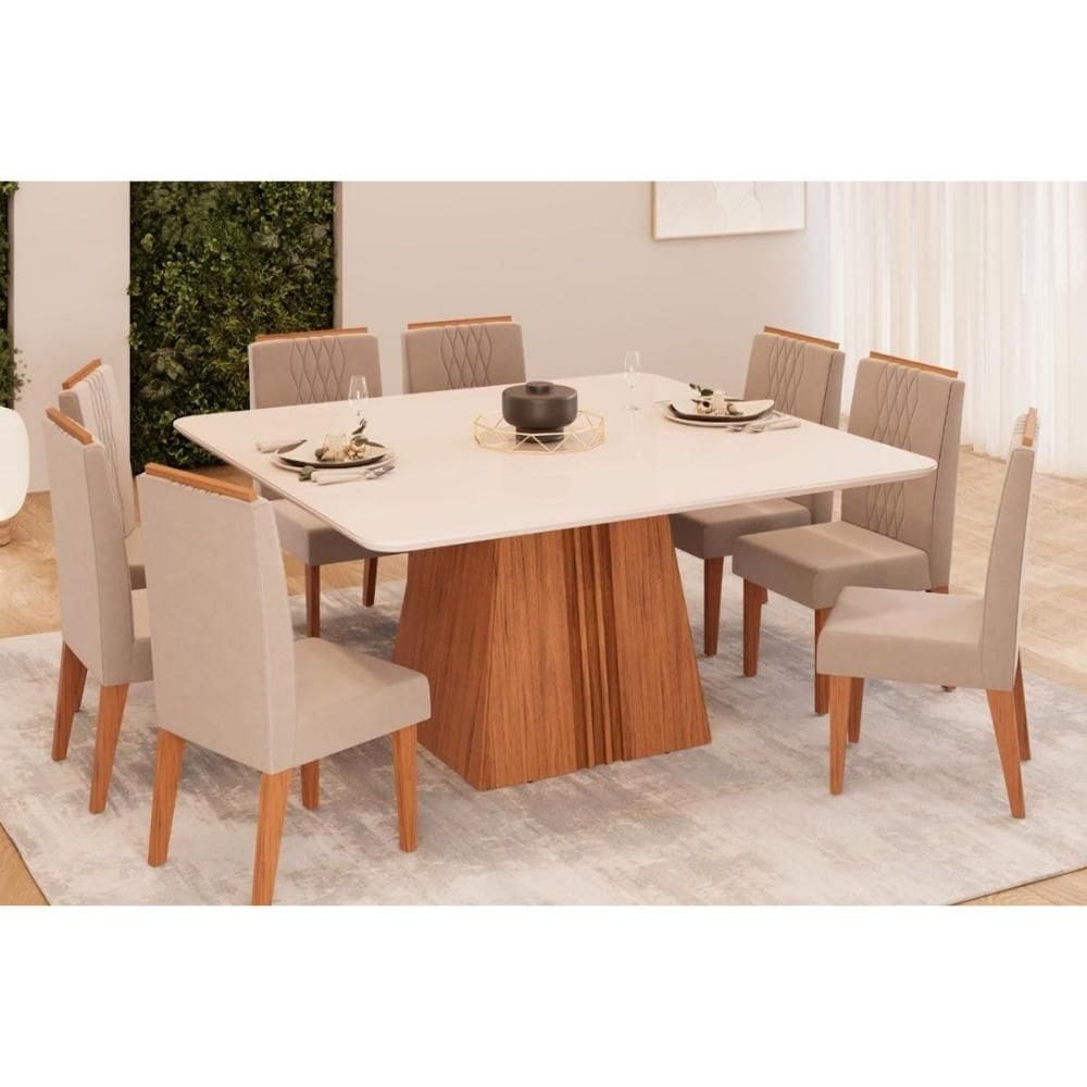 Conjunto: Mesa Sala Jantar Itália Tampo Madeirado c/ Vidro Curvo 136x136cm e 8 Cadeiras Lia Freijo/Off White - Suede Kraft - DJ Móveis