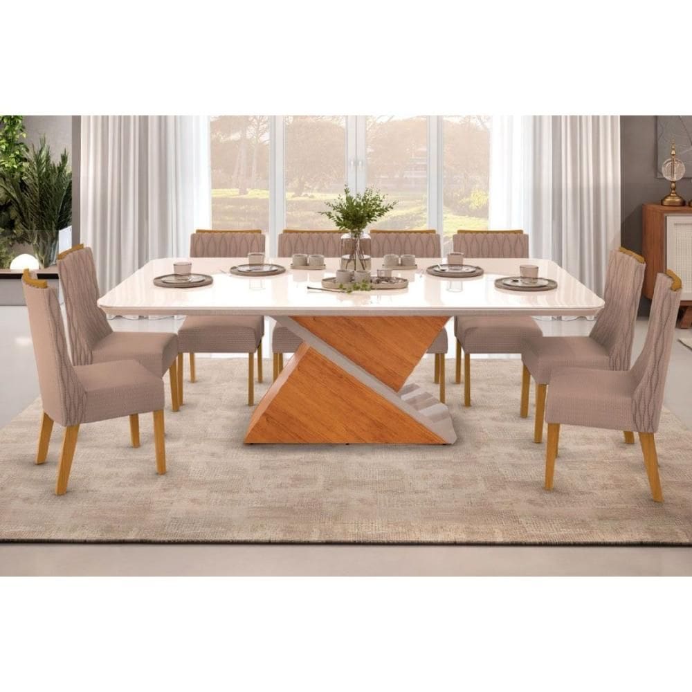Conjunto: Mesa Sala Jantar Zafira Tampo Madeirado c/ Vidro Curvo 200x100cm e 8 Cadeiras Jade Cedro/Off White - Suede Kraft - DJ Móveis