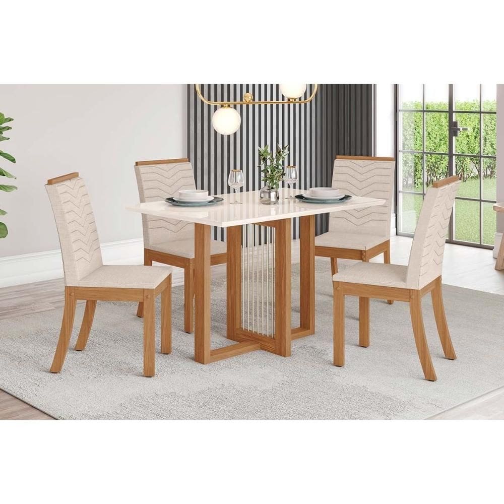 Conjunto: Mesa Sala Jantar Natalí c/ Tampo Madeirado c/ Vidro Reto 120x80cm e 4 Cadeiras Isa Nature/Linho - Henn