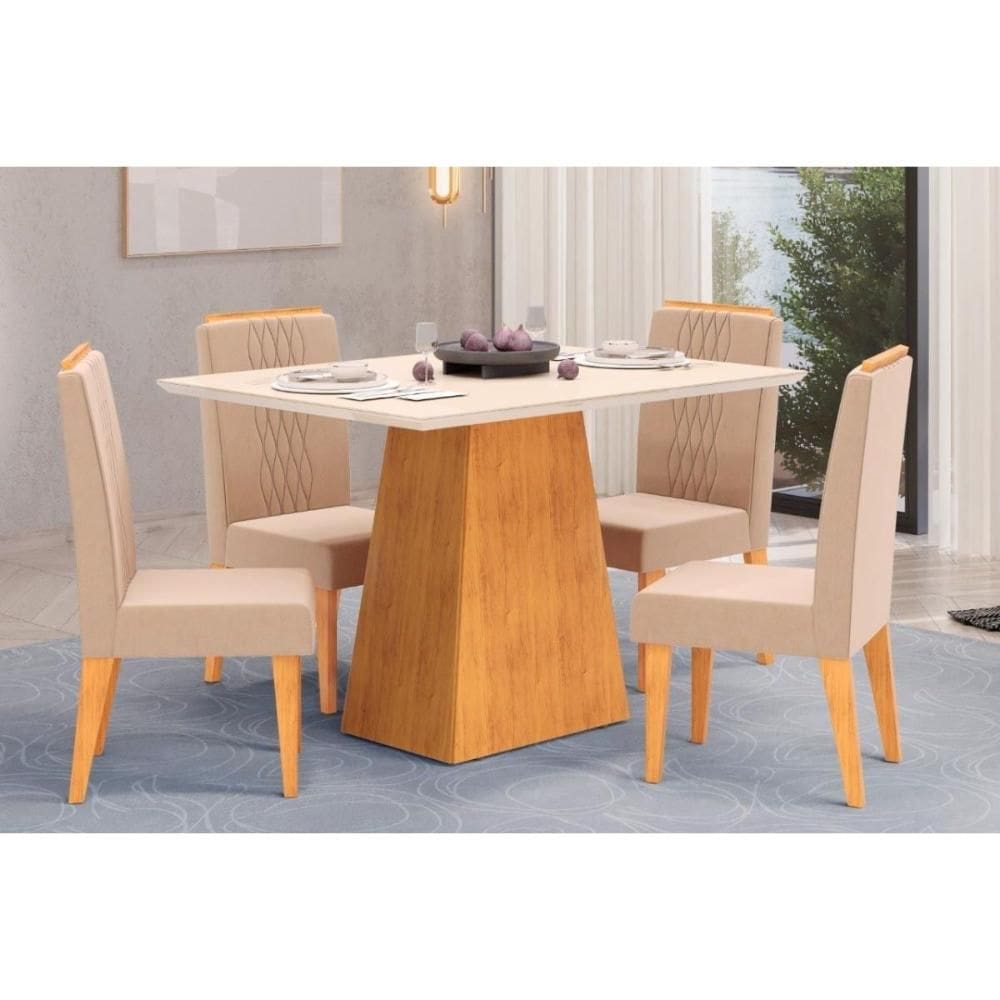 Cozinha Completa Dulce Tampo Madeirado c/ Vidro Reto 120x90cm e 4 Cadeiras Lia Cedro/Off White - Suede Kraft - DJ Móveis