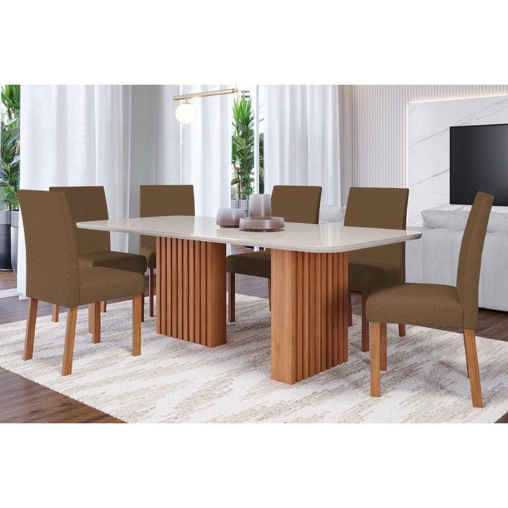 Conjunto: Mesa Sala Jantar Ester c/ Tampo Madeirado c/ Vidro 180x90cm e 6 Cadeiras Maia Nature/Suede Mascavo Chocolate - Cimol