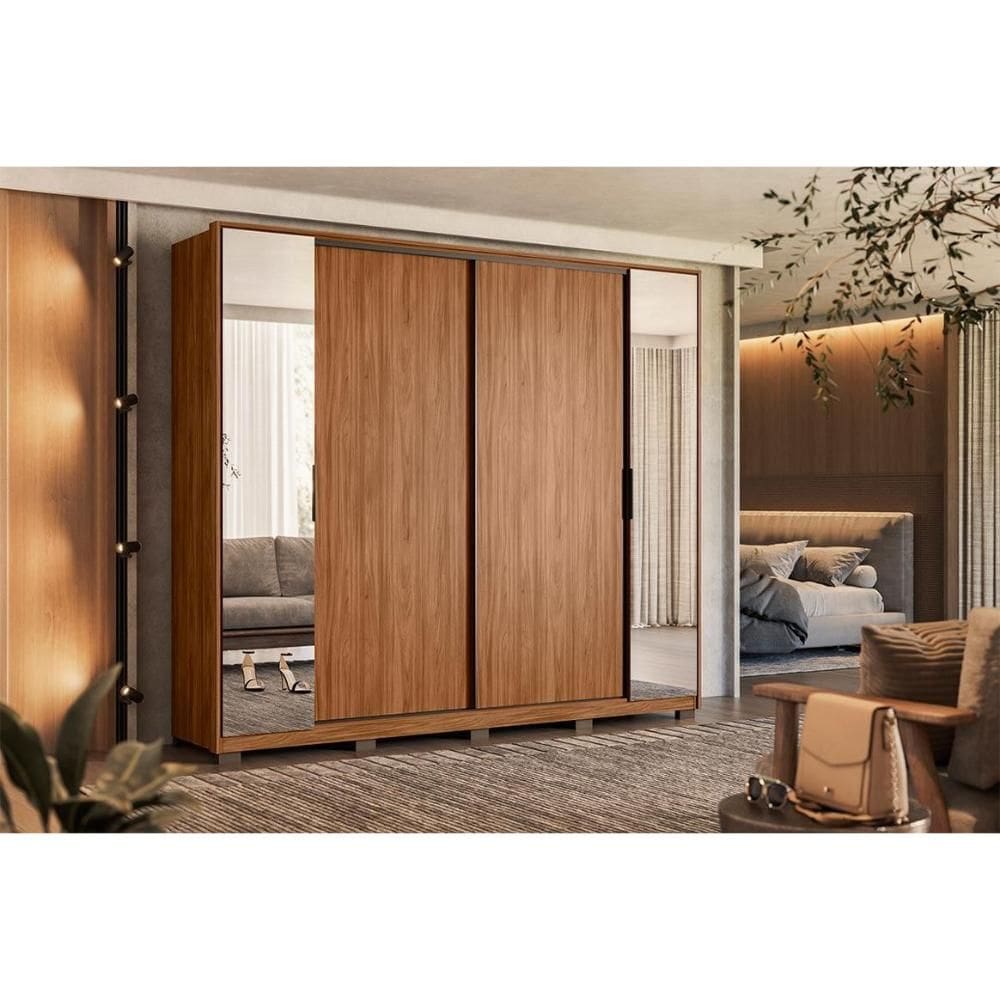 Guarda Roupa 4 Portas de Correr e 4 Gavetas c/ 2 Espelhos e Pés Laredo Flex Nogueira/Nogueira ou Nude - Demóbile