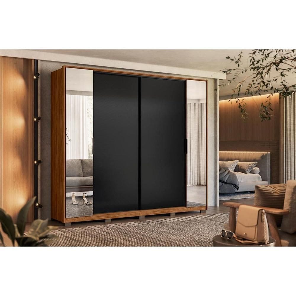 Guarda Roupa 4 Portas de Correr e 4 Gavetas c/ 2 Espelhos e Pés Laredo Flex Nogueira/Nogueira ou Preto - Demóbile