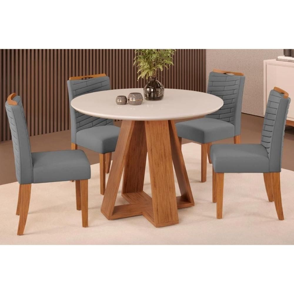 Cozinha Completa Celeste Tampo Madeirado c/ Vidro Redondo 103x103cm e 4 Cadeiras Julia Freijo/Off White - Suede Lunar - DJ Móveis