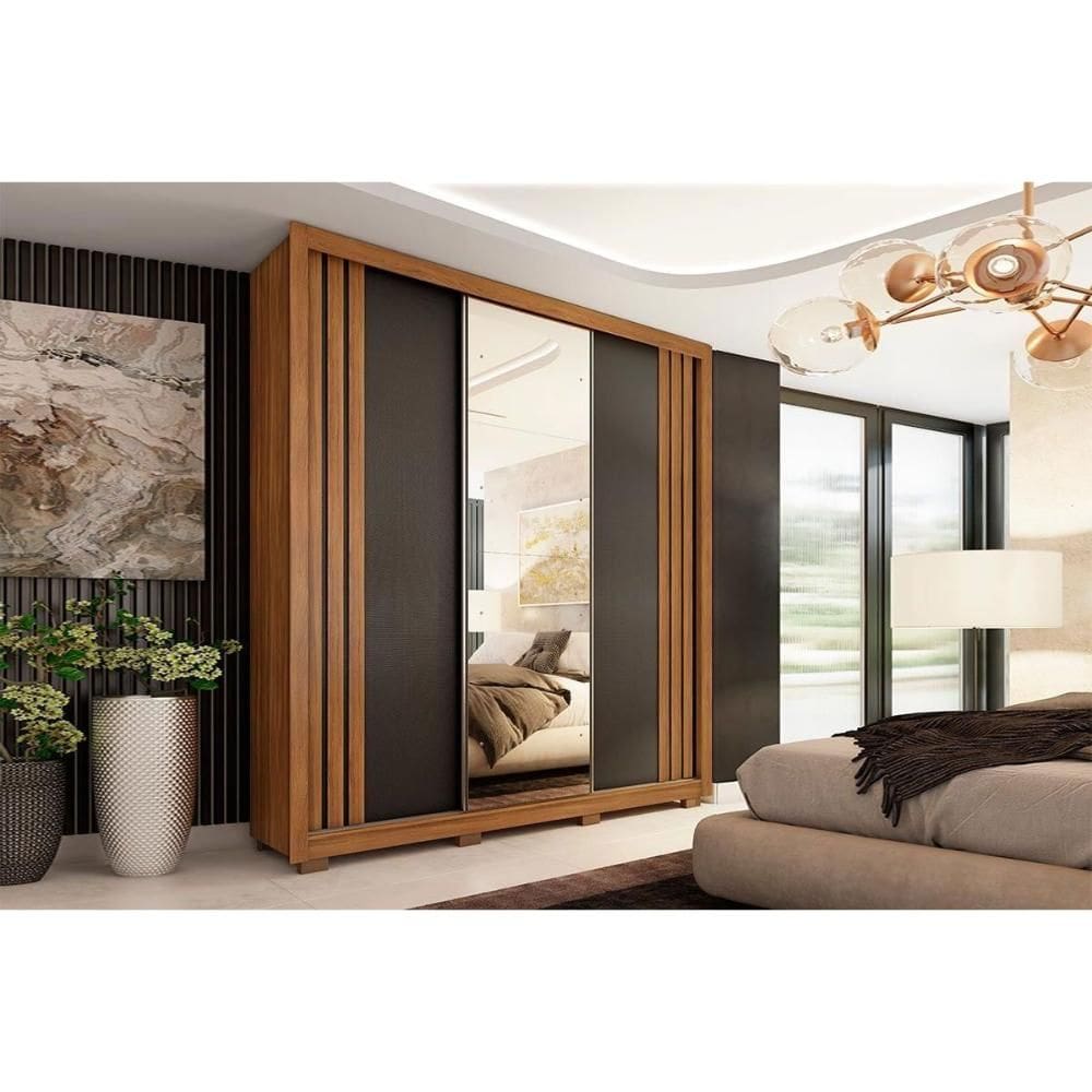 Guarda Roupas 3 Portas de Correr de (1 c/ Espelho) e 2 Gavetas c/ Pés Moema Flex Amêndola/Nude ou Preto - Demóbile