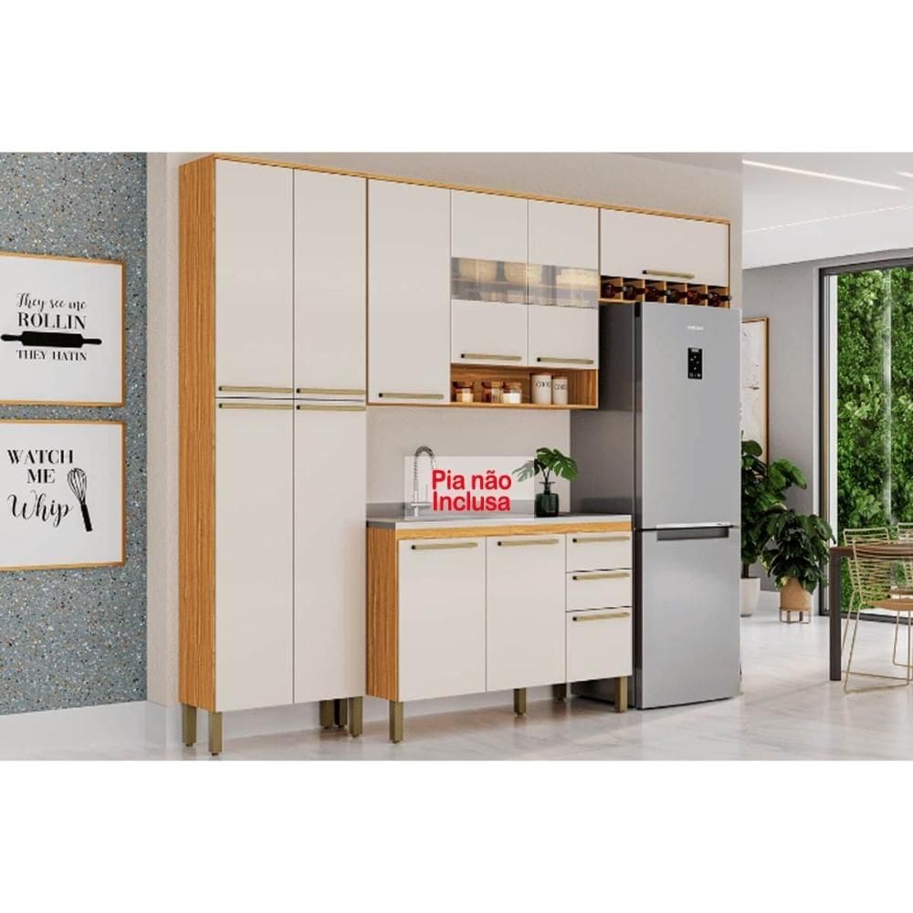 Cozinha Modulada Completa Nápoli Prime 4 Peças (2Aéreos+1Balcão+1Paneleiro) C4P66 Amendoa/Off White - Ronipa
