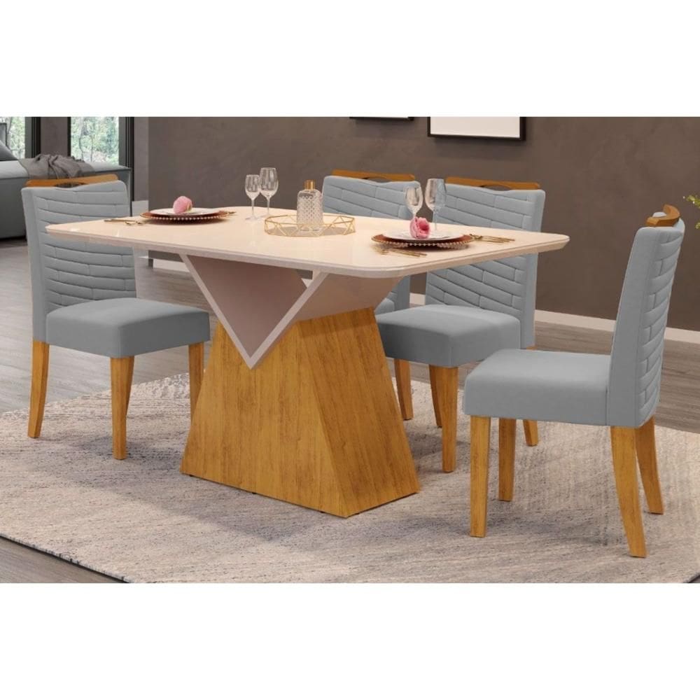 Cozinha Completa Argo Tampo Madeirado c/ Vidro Curvo 136x90cm e 4 Cadeiras Julia Cedro/Off White - Suede Lunar - DJ Móveis