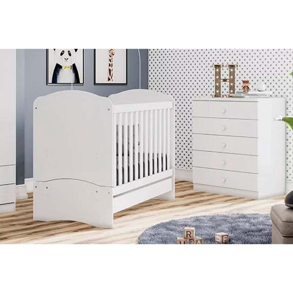 Quarto de Bebê Completo Bala de Menta 2 Peças (1 Cômoda + 1 Berço) QI95 Branco - Henn