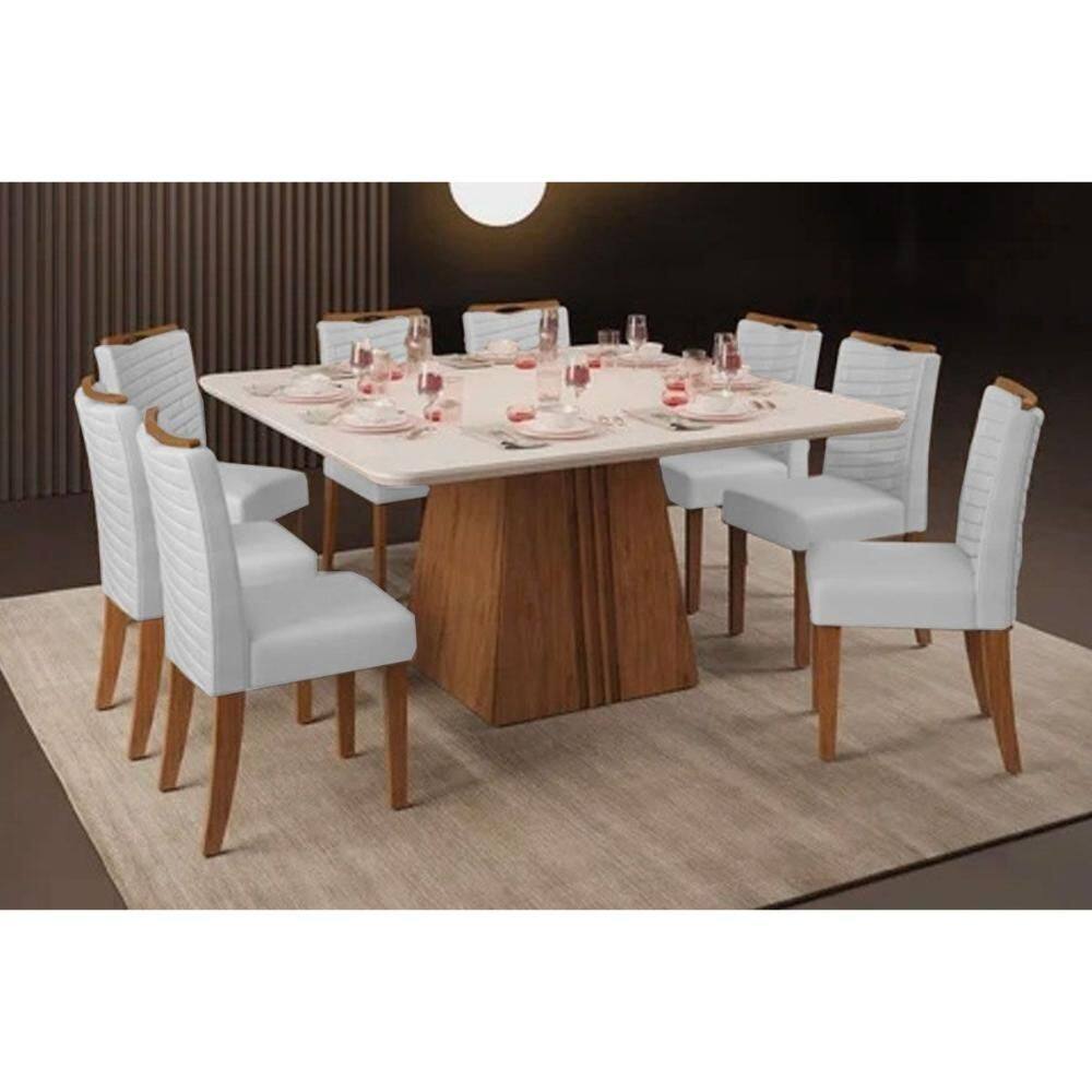 Cozinha Completa Itália Tampo Madeirado c/ Vidro Curvo 136x136cm e 8 Cadeiras Julia Freijo/Off White - Linho Neve - DJ Móveis