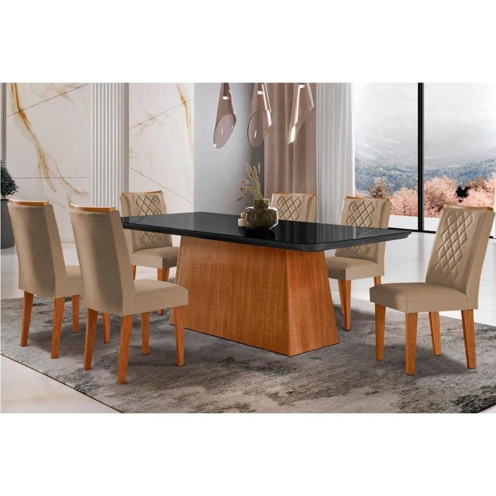 Conjunto: Mesa Sala Jantar Luna c/ Tampo de Vidro Canto Curvo 180x90cm e 6 cadeiras Jade Imbuia/Grafite - Suede Capuccino - Rufato