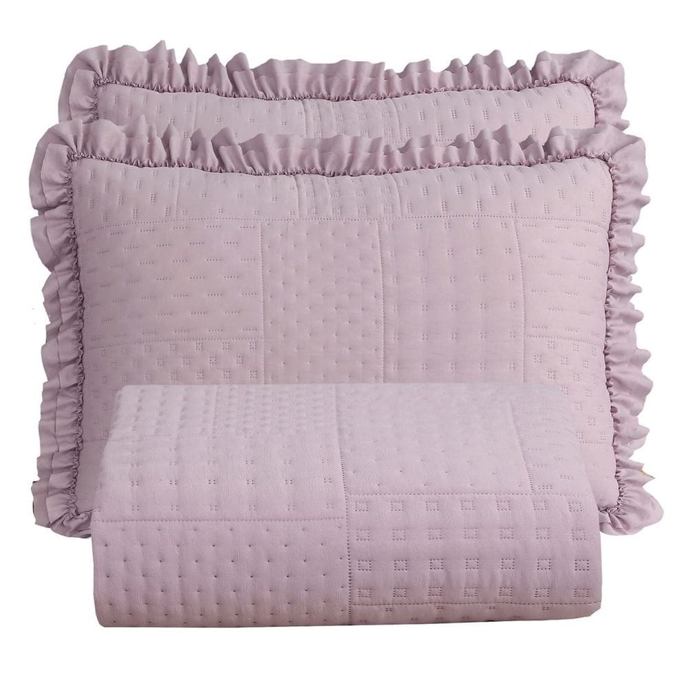 Colcha Casal Percal 300 Fios Babado Malvinni 3 Peças - Rose
