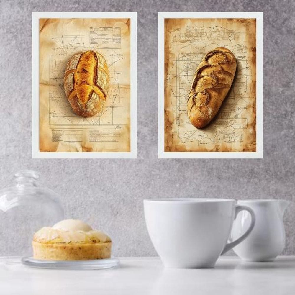Kit 2 Quadros Decorativos Cozinha Pães Vintage 45X34Cm