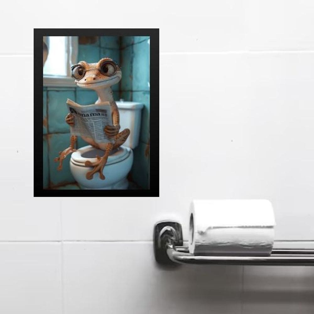 Quadro Divertido Banheiro Lagartixa Lendo Jornal 33X24Cm