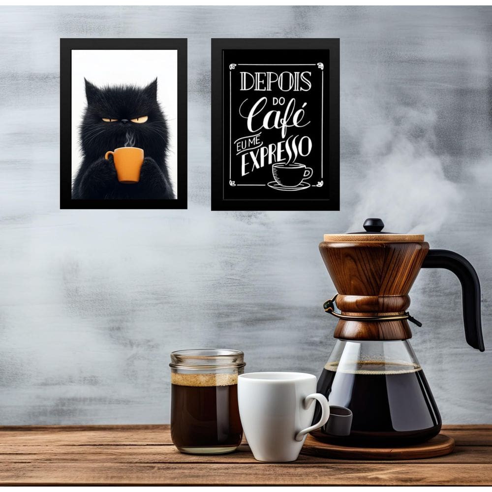 Kit 2 Quadros Café - Gato Mal Humorado 45X34Cm