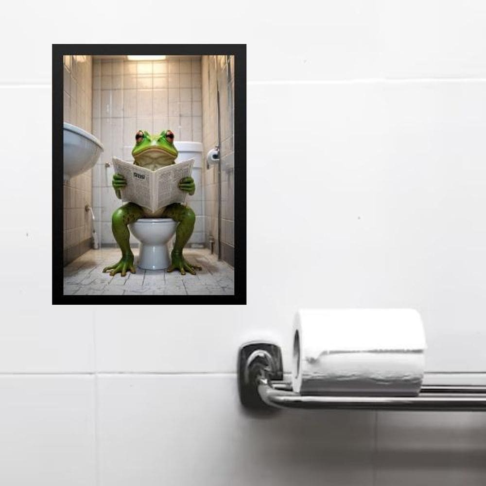 Quadro Divertido Banheiro Rã Lendo Jornal 45X34Cm