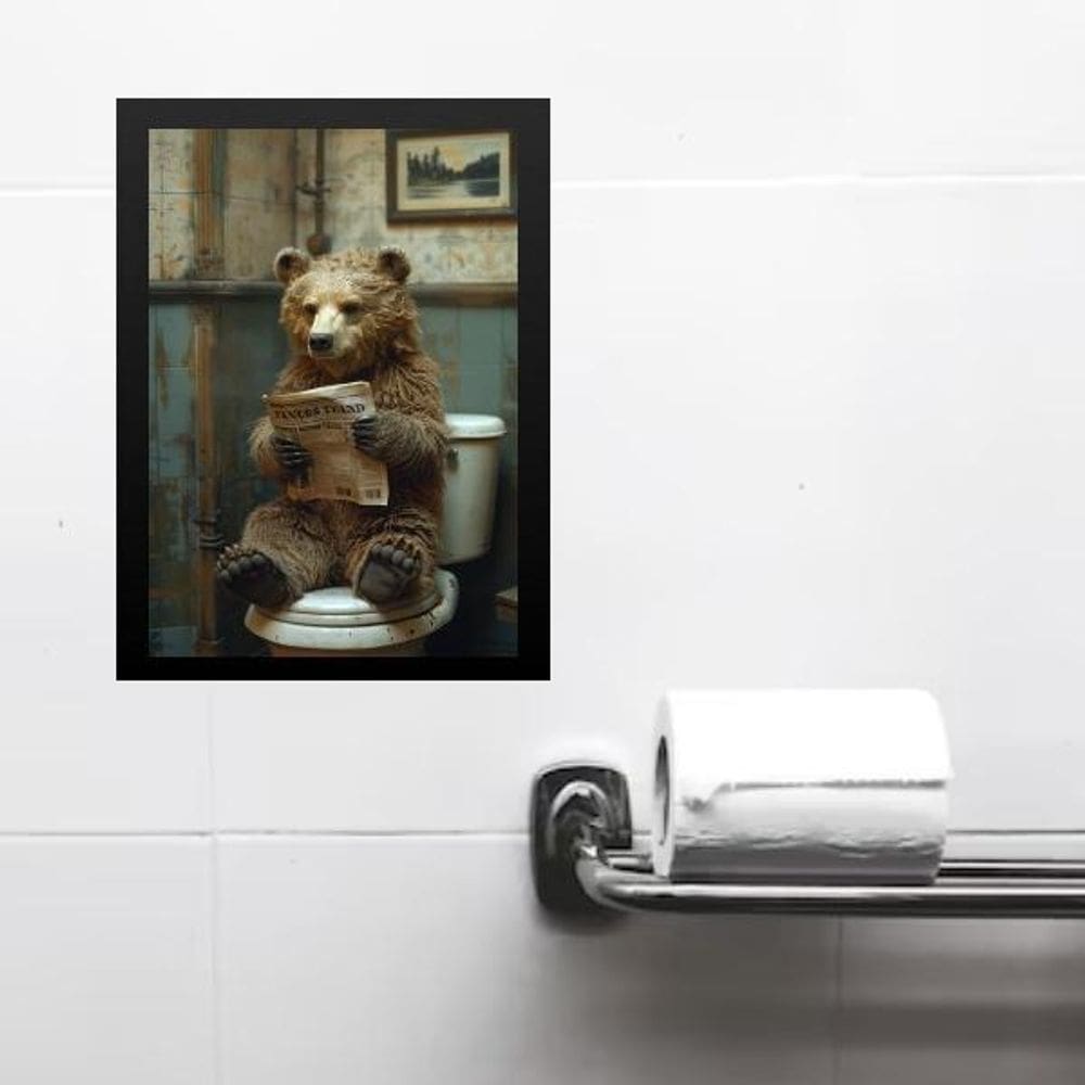 Quadro Divertido Banheiro Ursinho Lendo Jornal 33X24Cm