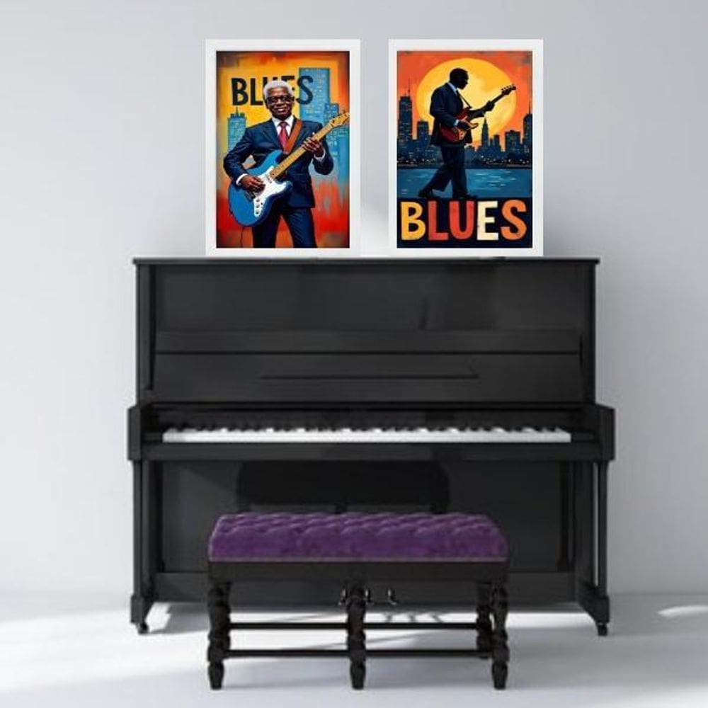 Kit 2 Quadros Músicos Blues 33X24Cm - Com Vidro