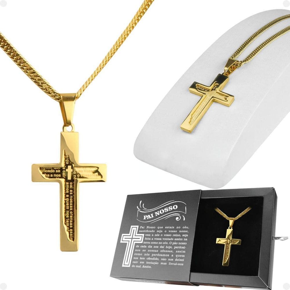 Pingente Crucifixo Religião + Cordão Banhado Ouro + Caixa Fé