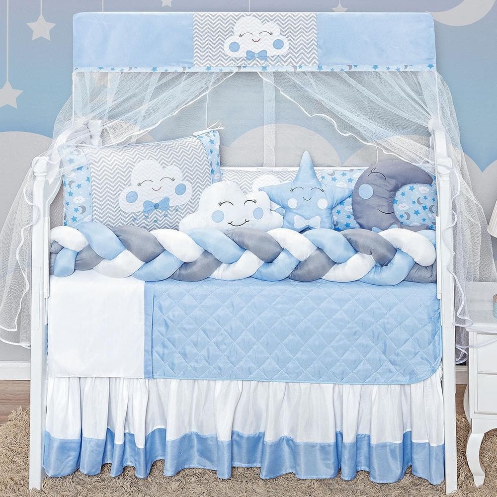 Kit Berço Masculino Nuvem Lua Azul Completo 12p Saia Box