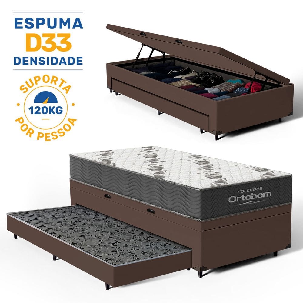 Cama Box Baú com Colchão de Espuma D33 Ortobom Airtech 100 + Auxiliar Unique Solteiro 88cm