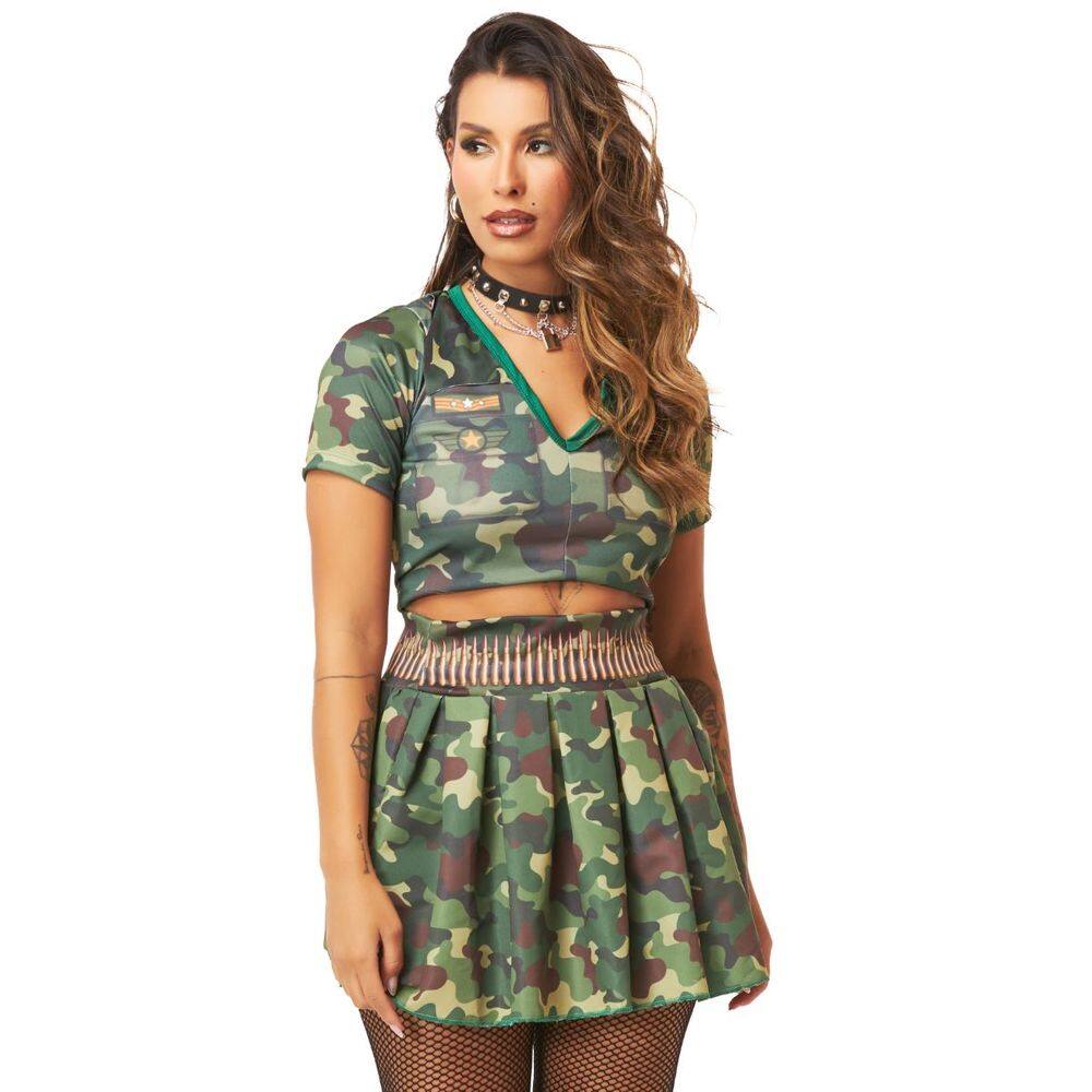 Fantasia Soldada Feminina Militar Carnaval c/ Cropped e Saia