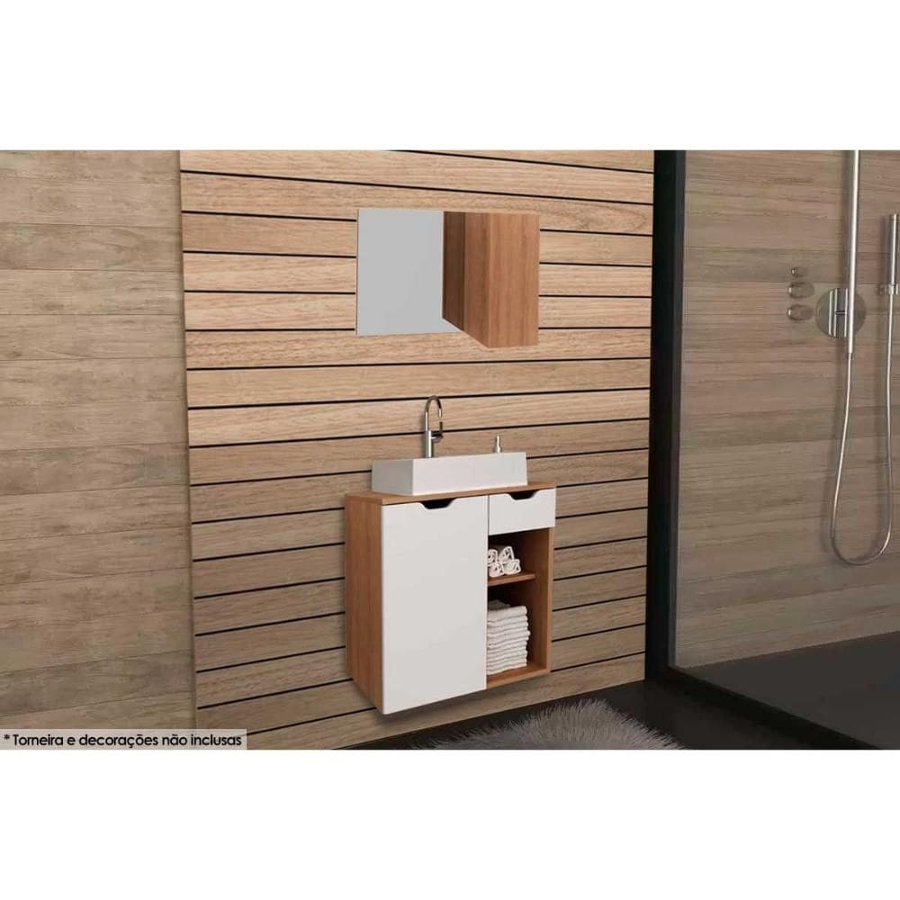 Armário c/ Balcão Banheiro Suspenso BN3605 Cuba BN3600 60cm e Espelho BN3602 Amêndoa/Branco - Tecno Mobili
