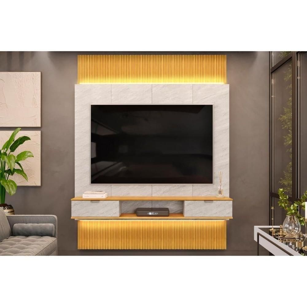 Painel Home Para Tv Até 75 Polegadas Hit 1900 Extensível 100% Mdf Com Led De 240 A 290cm Cedro-quartzo - Dj Móveis