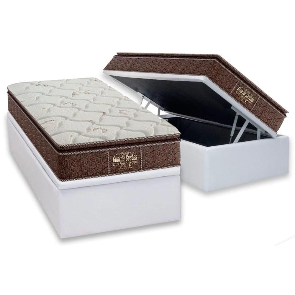 Cama Box Baú Solteiro: Colchão Anatômico Probel Guarda Costas Extra Firme + Base CRC Courano White (88x188)
