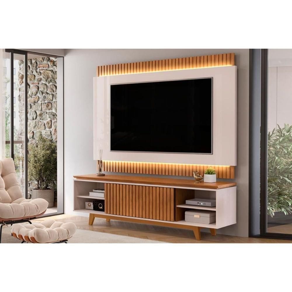Rack Bancada Com Painel Para Tv Até 75 Polegadas Loren Ripada Nichos 200x194cm Freijó-off White - Dj Móveis