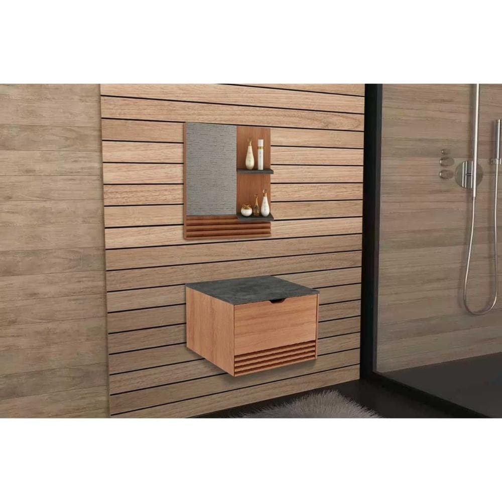 Armário c/ Balcão Banheiro Suspenso BN3613 s/ Cuba 60cm e Espelho BN3614 Amendoa/Marmore Lunar - Tecno Mobili