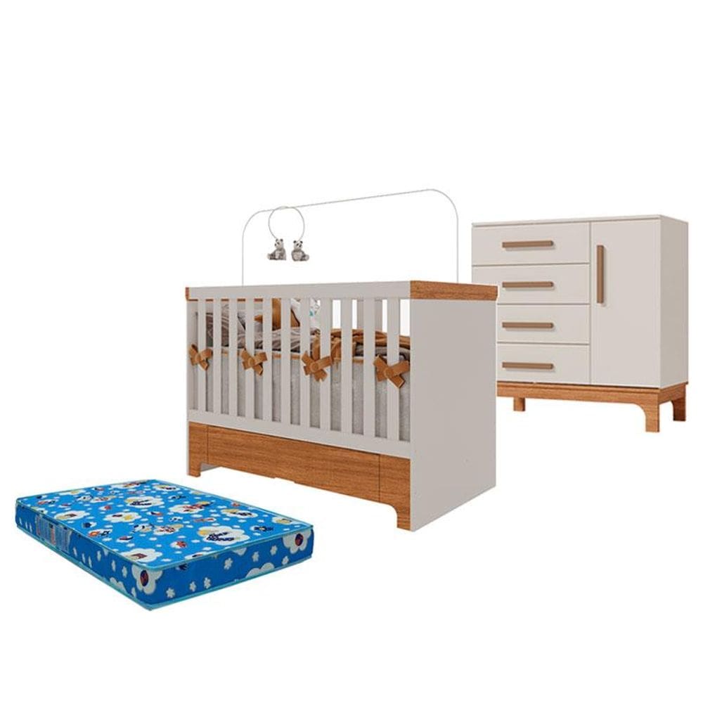 Berço Americano Mini Cama com Gaveta Antonella e Cômoda Pega Pega Off White Caramelo com Colchão Ortobom - Canaã